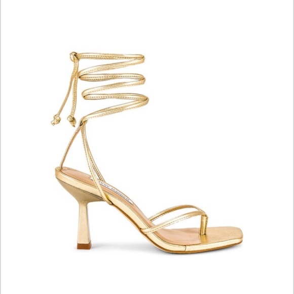Steve Madden Khari Heeled Sandal Wraparound Ankle Tie Gold Metallic Leather New - Picture 4 of 9